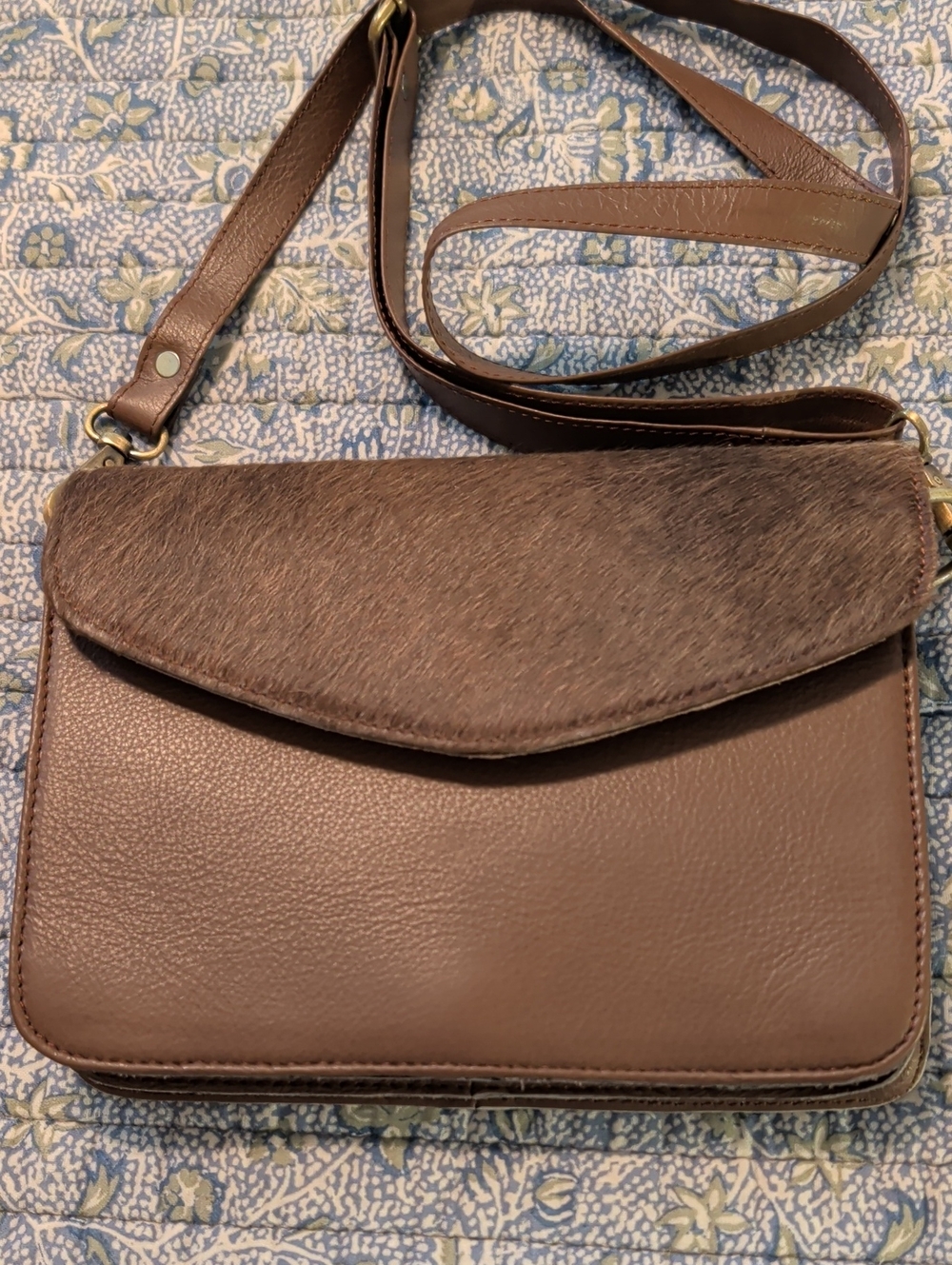 Brown Leather and Haircalf Crossbody Bag